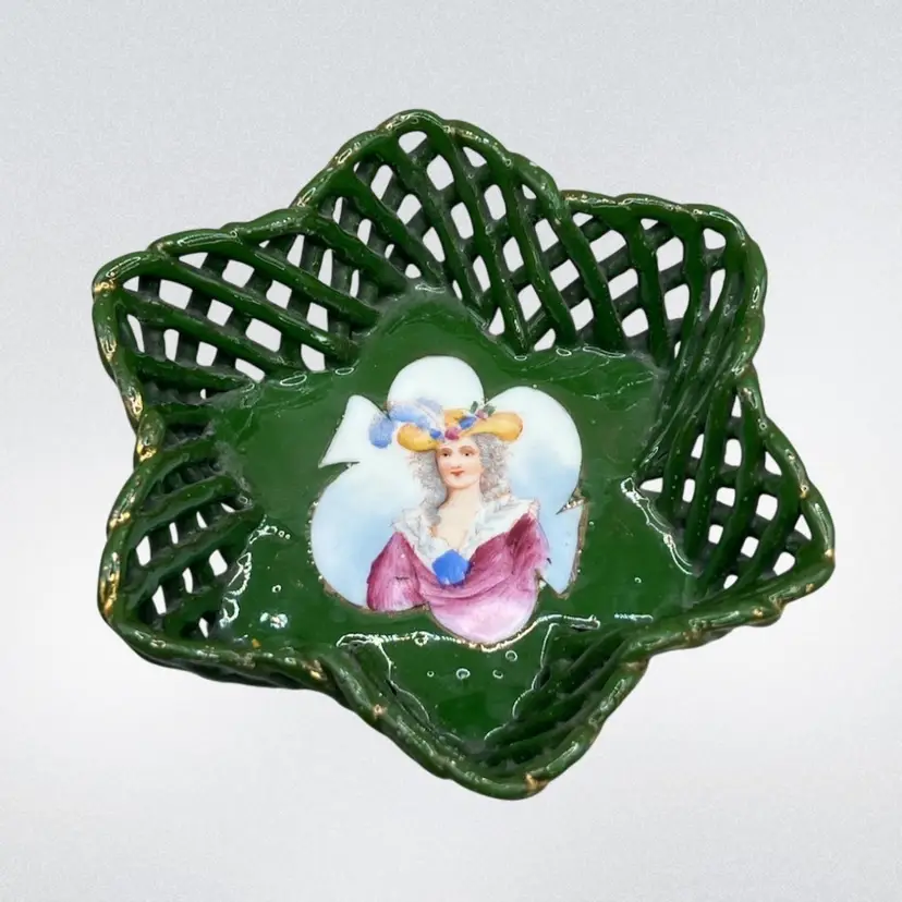 Ceramic Reticulated Trinket Dish Victorian Woman Made In Germany 4”