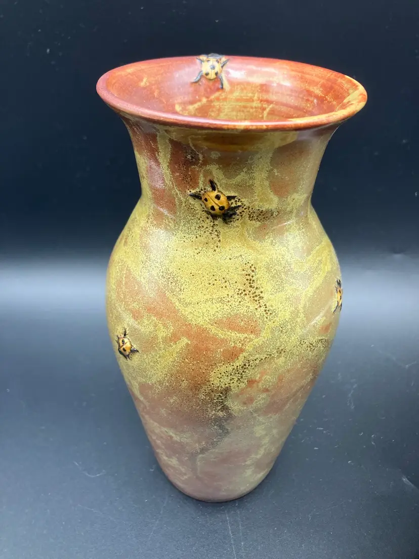 BIN - Unique Signed Studio Pottery Vase With 3D Ladybugs - OOAK