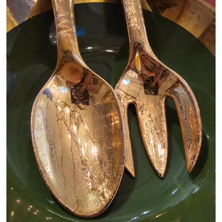 Vintage Lady Hamilton "Green O Gold" 22K Salad Bowl w/Utensils