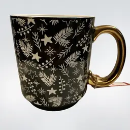 Holiday Time Black Coffee Mug White Stars & Pine Leaves with Gold Handle 16 oz