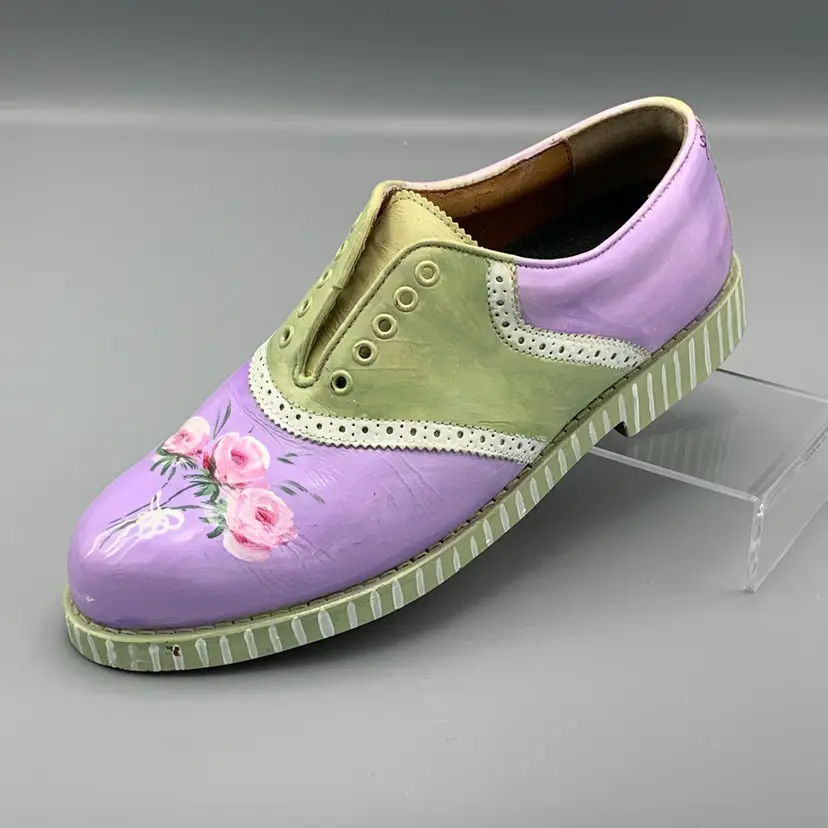 Handpainted Shoe Purple Green Roses Art Decor Single Polo Golf Ralph Lauren Shoe
