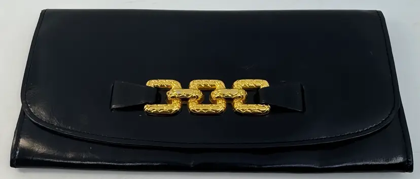 Vtg Rodo Italy Black Leather Clutch Gold Chain Detail Freddy Paris Boutique READ