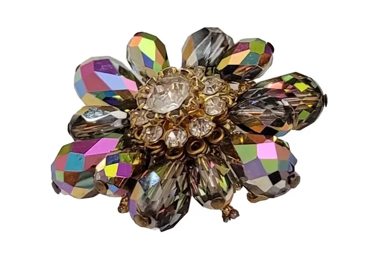 Vintage Watermelon AB Bead And Clear Rhinestone Cluster Brooch E649