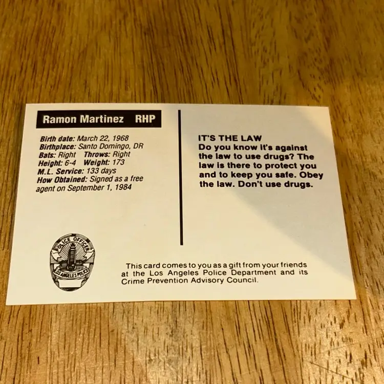 1991 LAPD Baseball Card Ramon Martinez Los Angeles Dodgers # 48