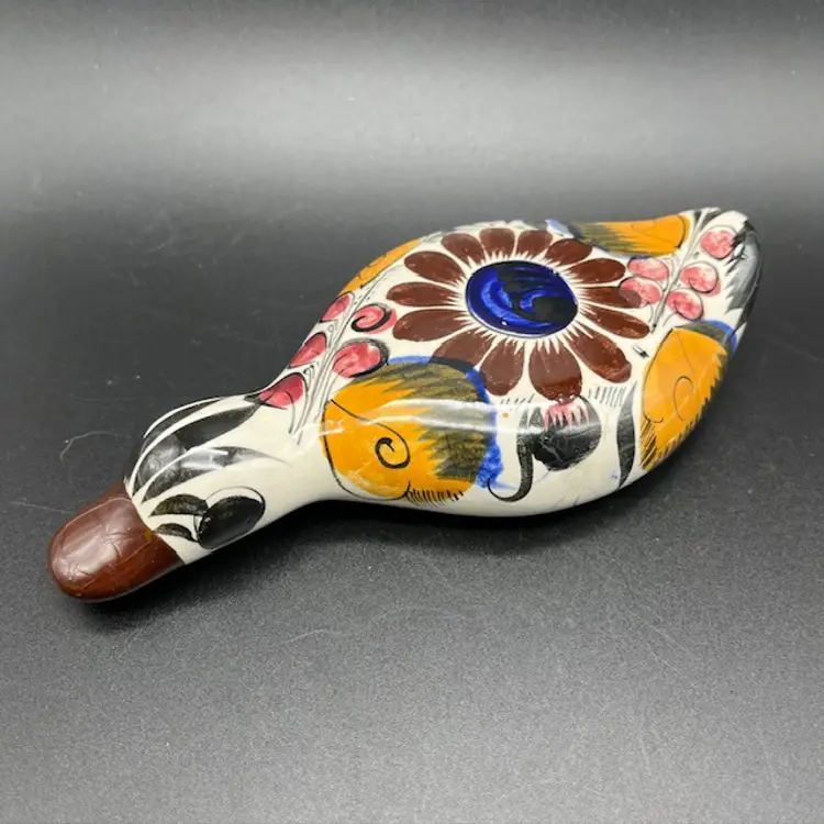 Mexican Pottery Flat Smashed Duck Flowers - Crazing 7" long