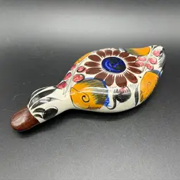 Mexican Pottery Flat Smashed Duck Flowers - Crazing 7" long