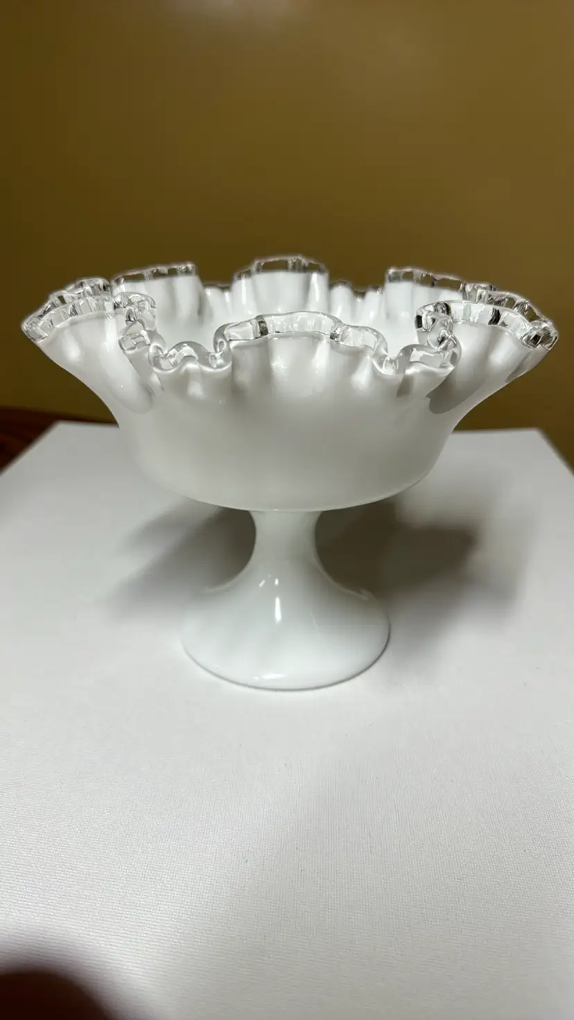 Fenton Milk Glass Silver Crest Ruffled Crimped Footed Compote Bowl 6.25” tall