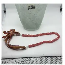 Pink Glass Bead Necklace With Vintage Ribbon Fastener/extender