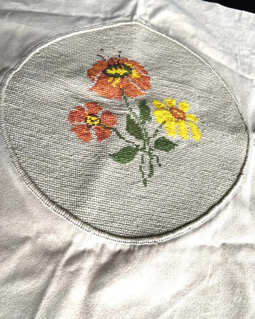 Vintage Completed Needlepoint Canvas, 13 Inch Round, Fall Flowers, Ready for Frame or Pillow