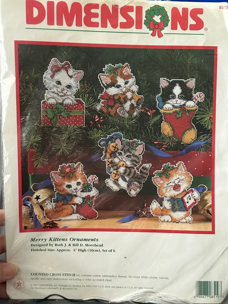 Vintage Dimensions Counted Cross Stitch Kit 8519 Merry Kittens Ornaments Makes 6