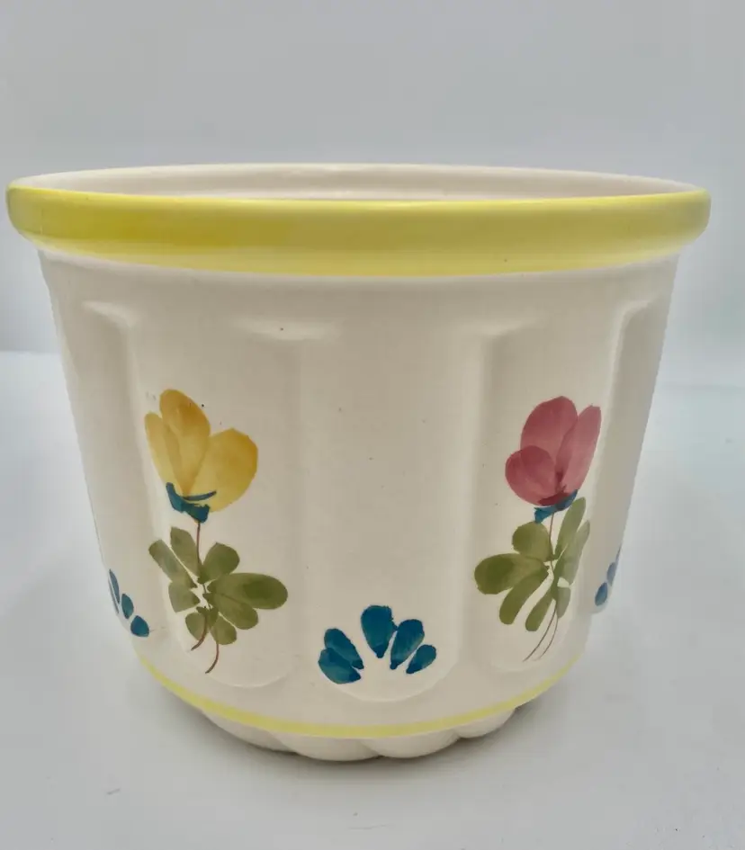 Vintage MCM Secla Pottery (Portugal) Planter, Hand-painted Florals, Stamped