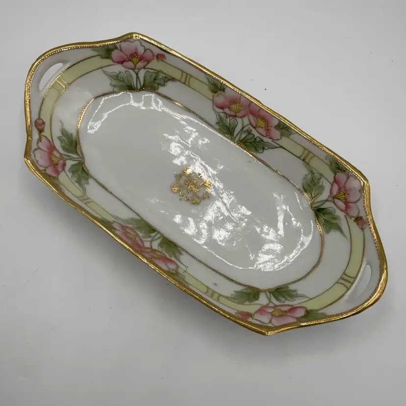 Pretty Pink Floral Moriage Handled Serving Bowl Hand Painted Japan