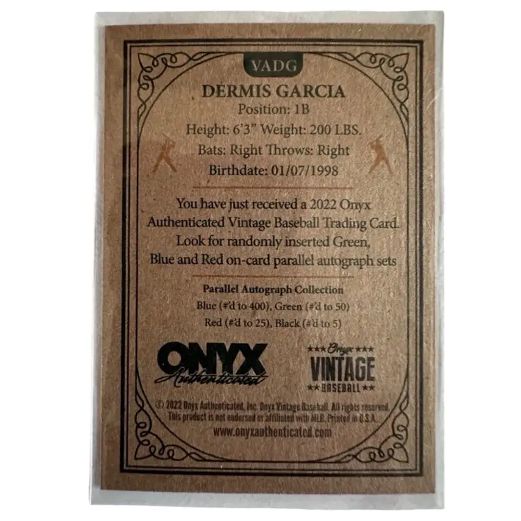 2022 Onyx Vintage Extended - Autographs Dermis Garcia #VADG Blue Ink /400