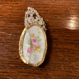 Broken Pottery Artisan Made Pendant Made In USA Plate Handcrafted Necklace 1 in x 1.75 in