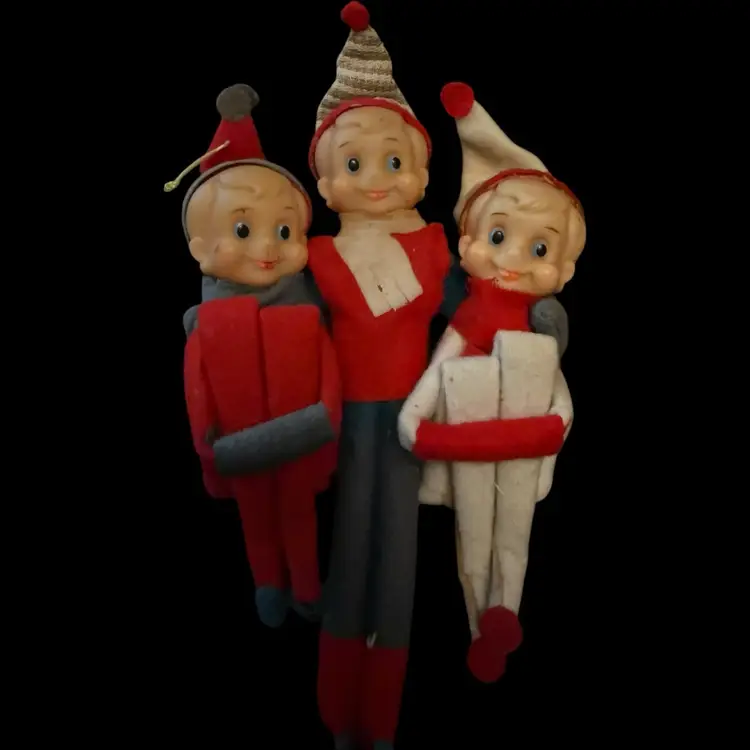 Noel Vintage Christmas, Japan, Knee Hugger Elf Ornament 7” Three Conjoined Elves