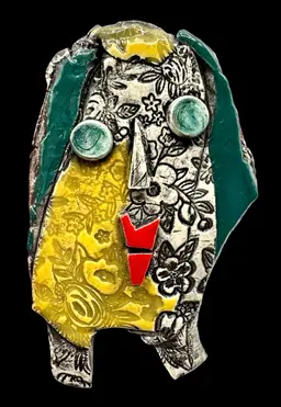 Handmade Studio Art Pottery Weirdo Face Abstract Lips Teal Yellow Red Floral
