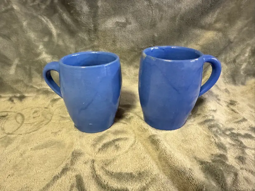 Vintage (2) Studio Art Pottery Hand Thrown Coffee Mugs Cups Deep Blue Matching
