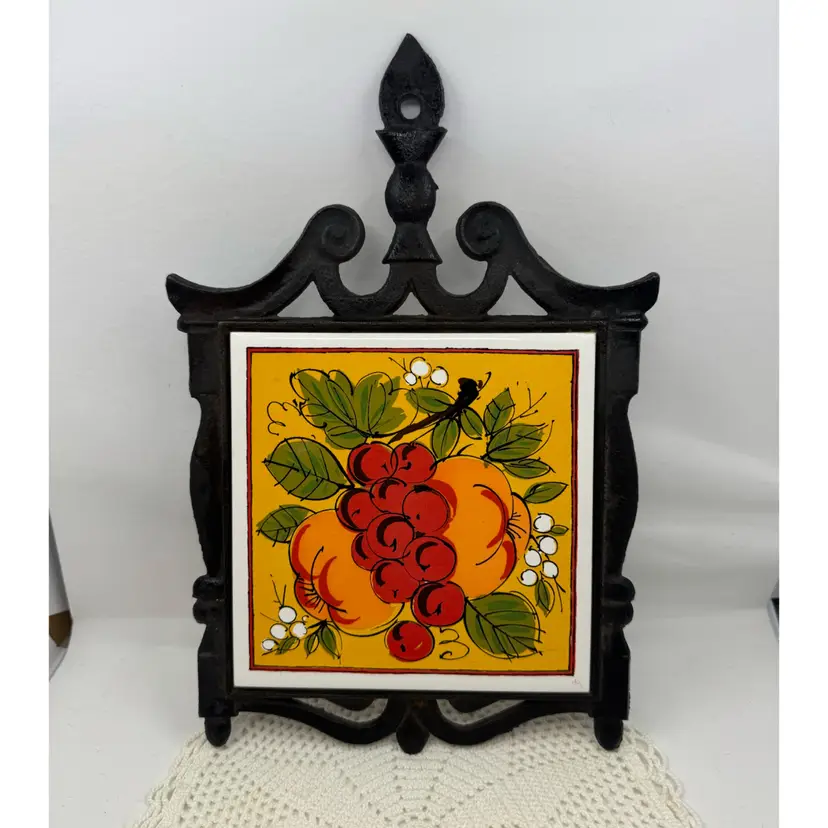 Vintage Holt Howard Cast Iron And Ceramic Trivet, 12” Tall