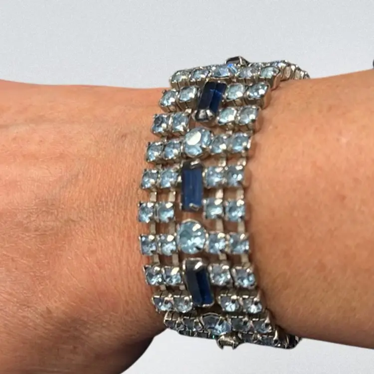 Vintage MCM Bracelet Bi Color Blue Prong Set Rhinestone SilverTone 1” Wide, 6.5” Long