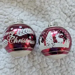 SET 2 Radko 3" Shiny Brite Stenciled Flocked Ornament Merry Christmas Red Silver