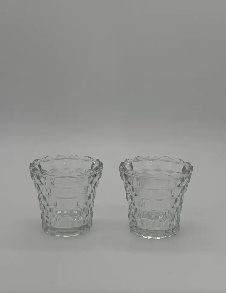 Set Of 2 Indiana Glass Votive Tea Light Candle Holders Vintage Clear Cubist