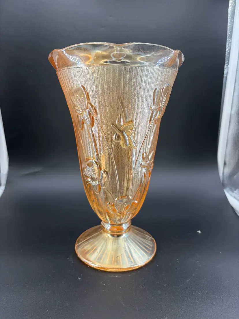 JEANETTE GLASS "IRIS AND HERRINGBONE" IRIDESCENT CARNIVAL GLASS VASE