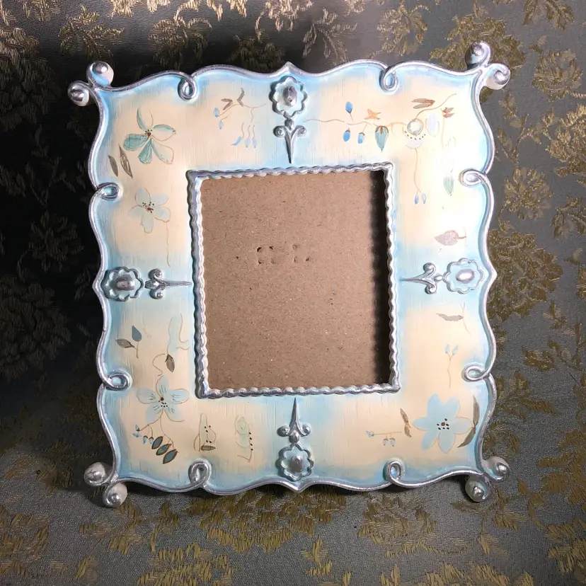 Vintage Tracy Porter Hand Painted Photo Picture Frame 6.5x7 for 3.5x3.75 Picture Pale Blue w Silver Gilt Loop