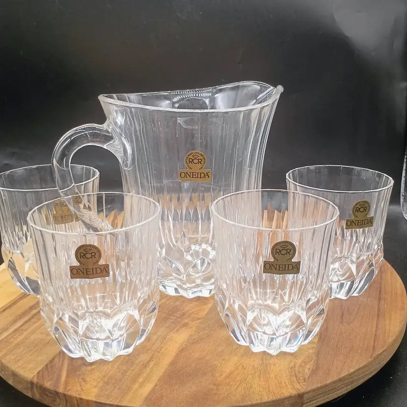 Oneida Royal Rock Crystal Italy Pitcher & 4 Matching Old Fashioned Glasses.