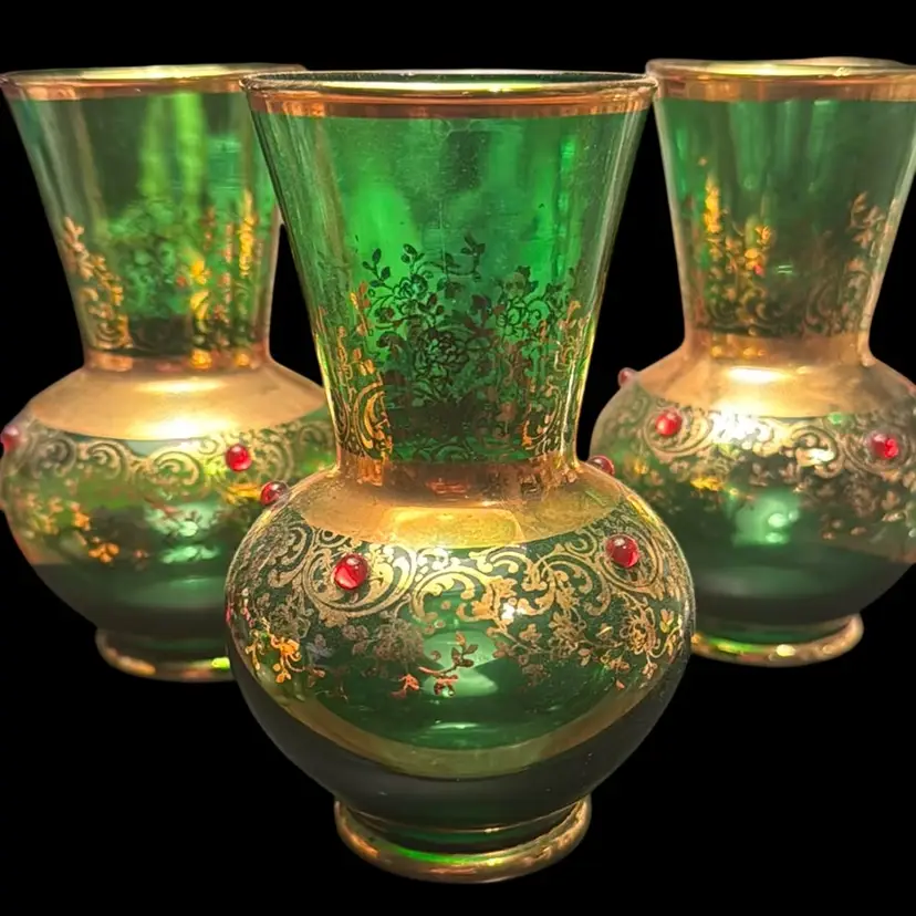 Set Of 3 Empoli Green & Painted Gold Vases