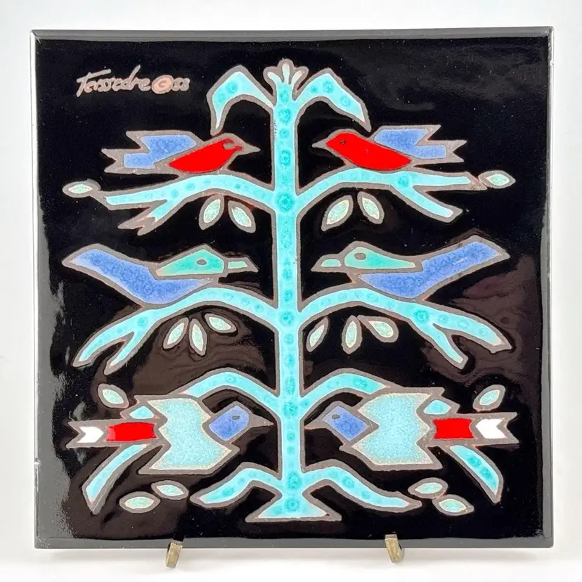 Cleo Teissedre Designs Hand Painted Bird Tree of Life Ceramic Tile Southwest Vtg