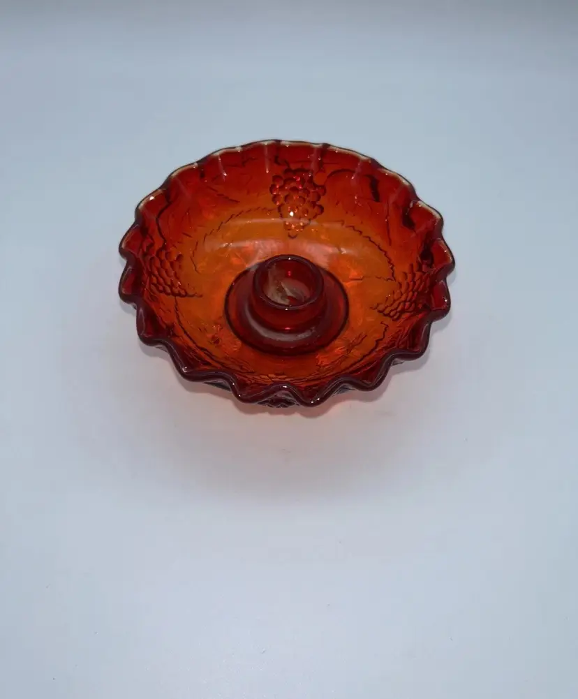 VTG Amberina Glass Embossed Grapes & Leaves Ruffled Footed Candle Holder