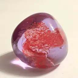 Caithness Scotland Pebble Art Glass Paperweight Lavender Purple with Red Swirl