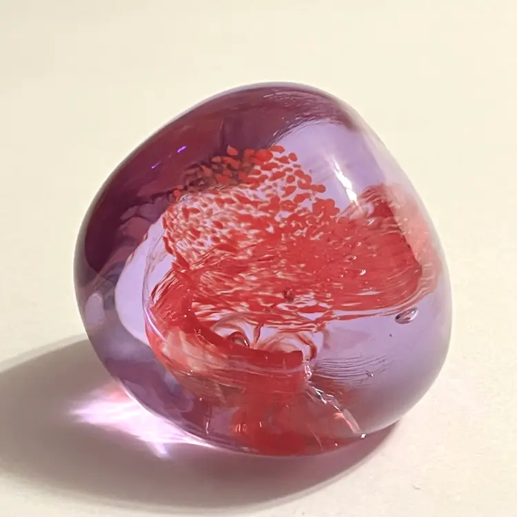 Caithness Scotland Pebble Art Glass Paperweight Lavender Purple with Red Swirl