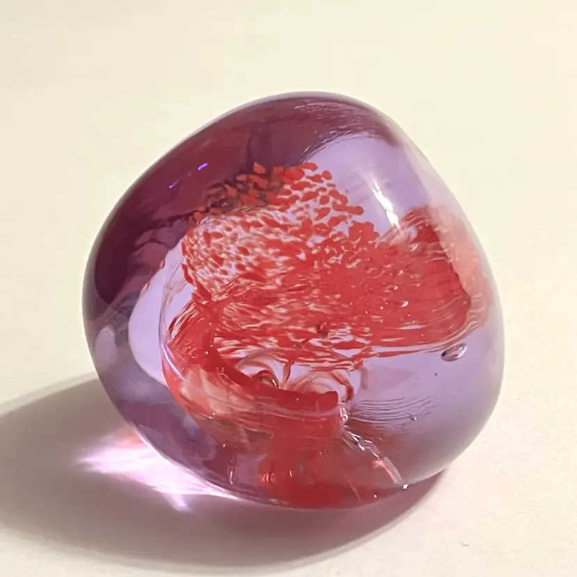Caithness Scotland Pebble Art Glass Paperweight Lavender Purple with Red Swirl