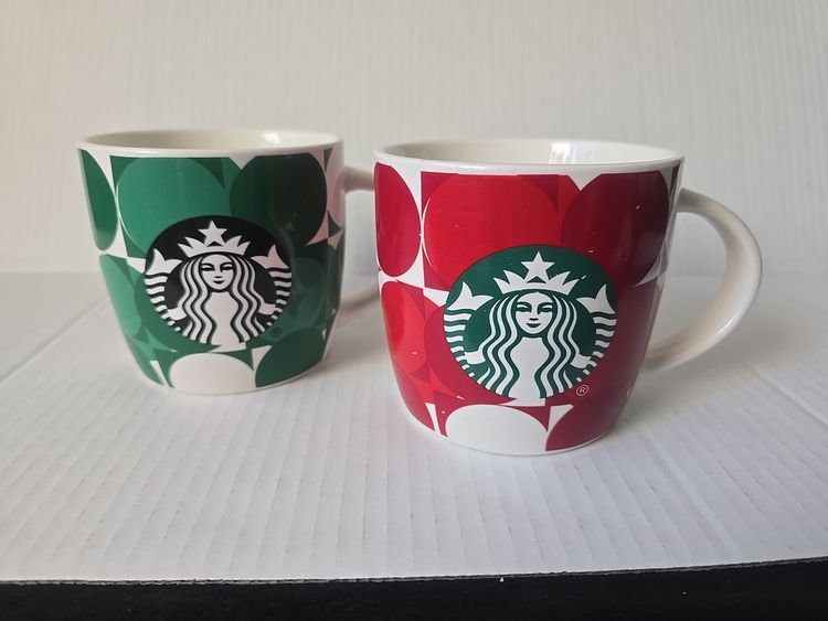 Starbucks Holiday Mugs, set of 2 — Red/Green Polka Dot, 14 oz
