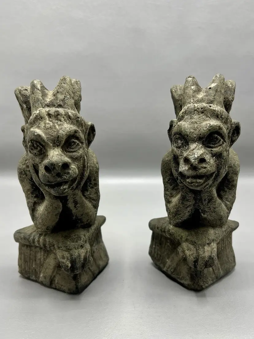 Pair Vintage Gargoyle Figurines Stone Gothic Fantasy 6" Winged Creatures Decor