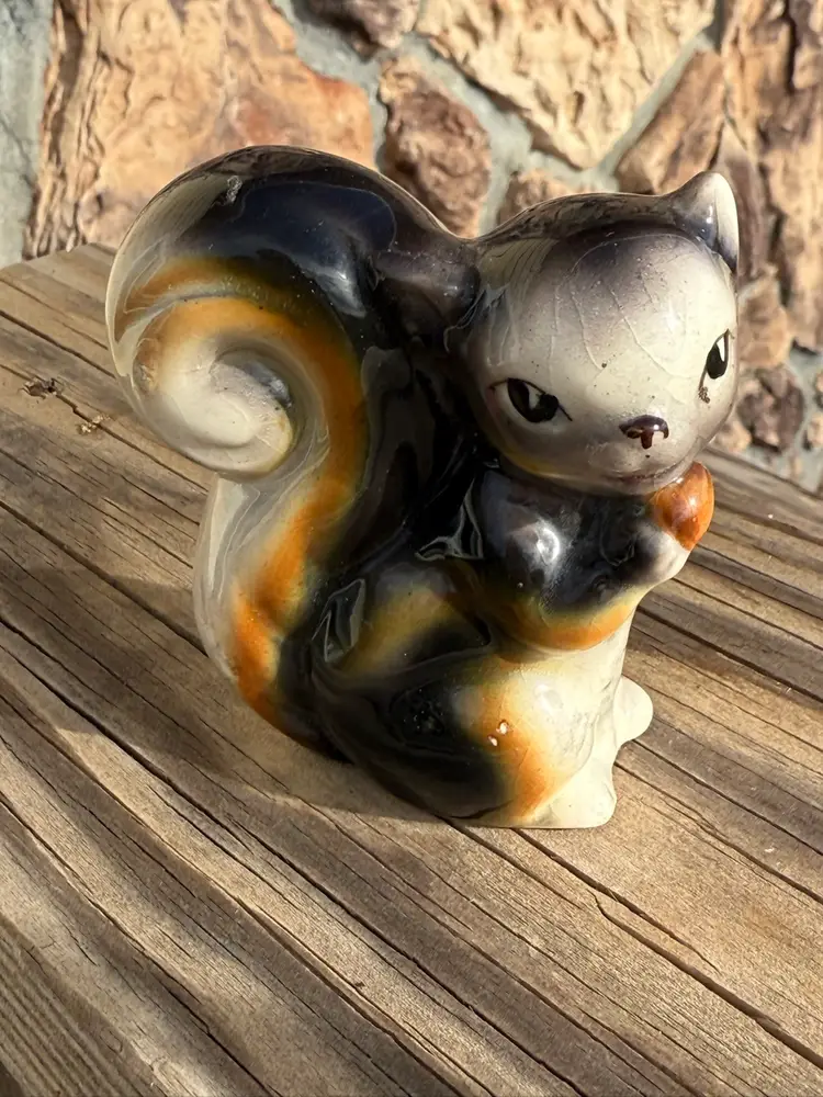 Occupied Japan Ceramic Squirrel with Acorn  MidCentury Figurine