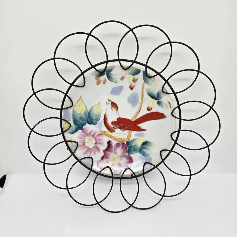 Vintage Porcelain Plate with Hand Painted Bird, Scalloped Wire, Japan, 1960s