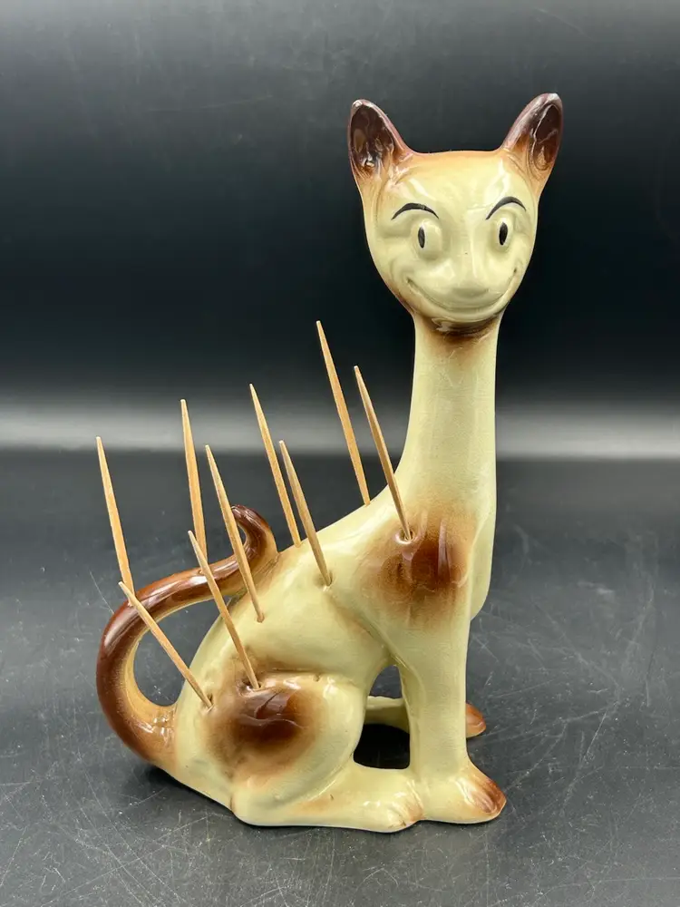 Vintage Empireware England, Brown And White Toothpick Holder, Tall Cat Figurine