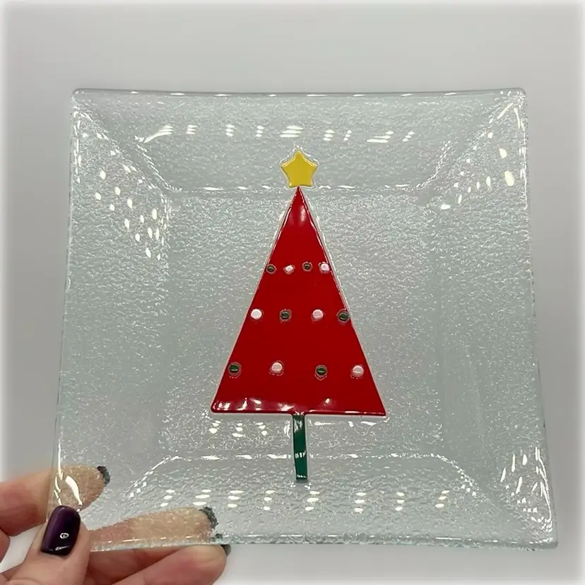 Fused Glass Holiday Plate Red Tree 5.75” | Tag