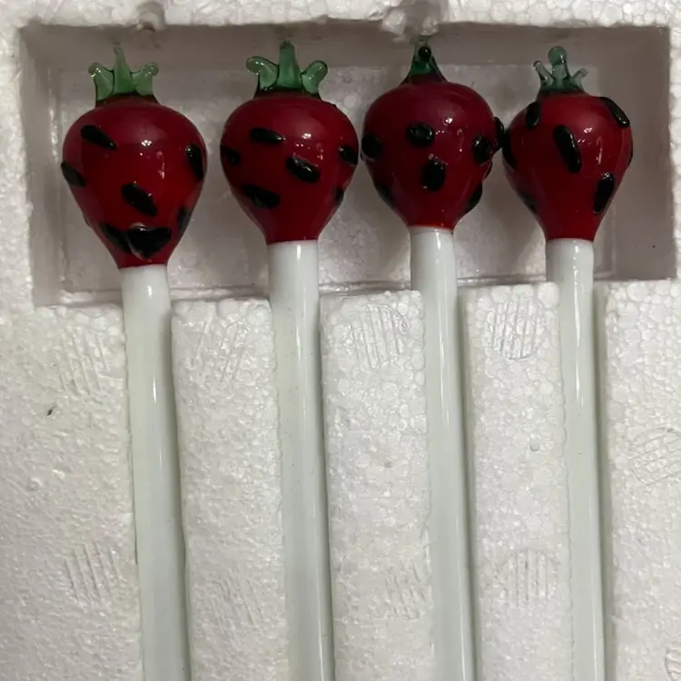 Vtg Towle Co Katja Drulane Hand Blown Glass Strawberry Stirrers Swizzle Sticks