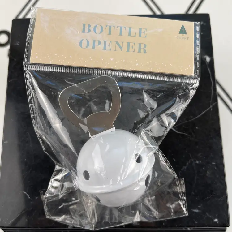 White Jingle Bell Bottle Opener New In Package Holiday Bar 4” H x 3” W Christmas