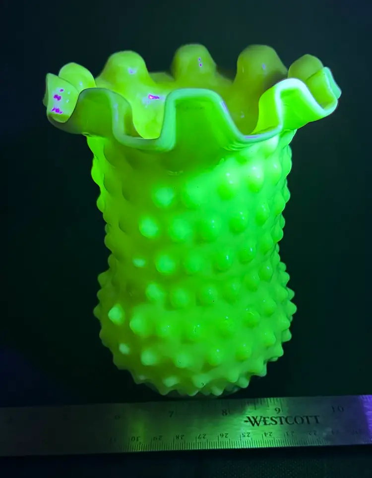 6inch Glowy Fenton Glass Vase White Hobnail, Yellow Cased/Overlay UV Glows Green