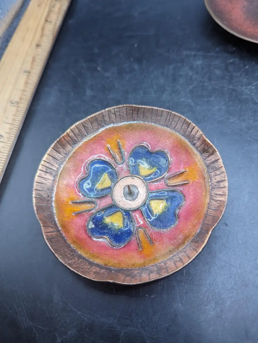 Vintage Enamel Copper Dish with Floral Design Center Post To Hold A Candle