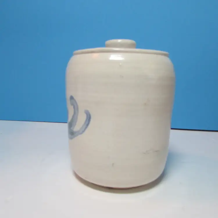 *read* vintage salt glazed 5" jar with lid blue bird design artist signed