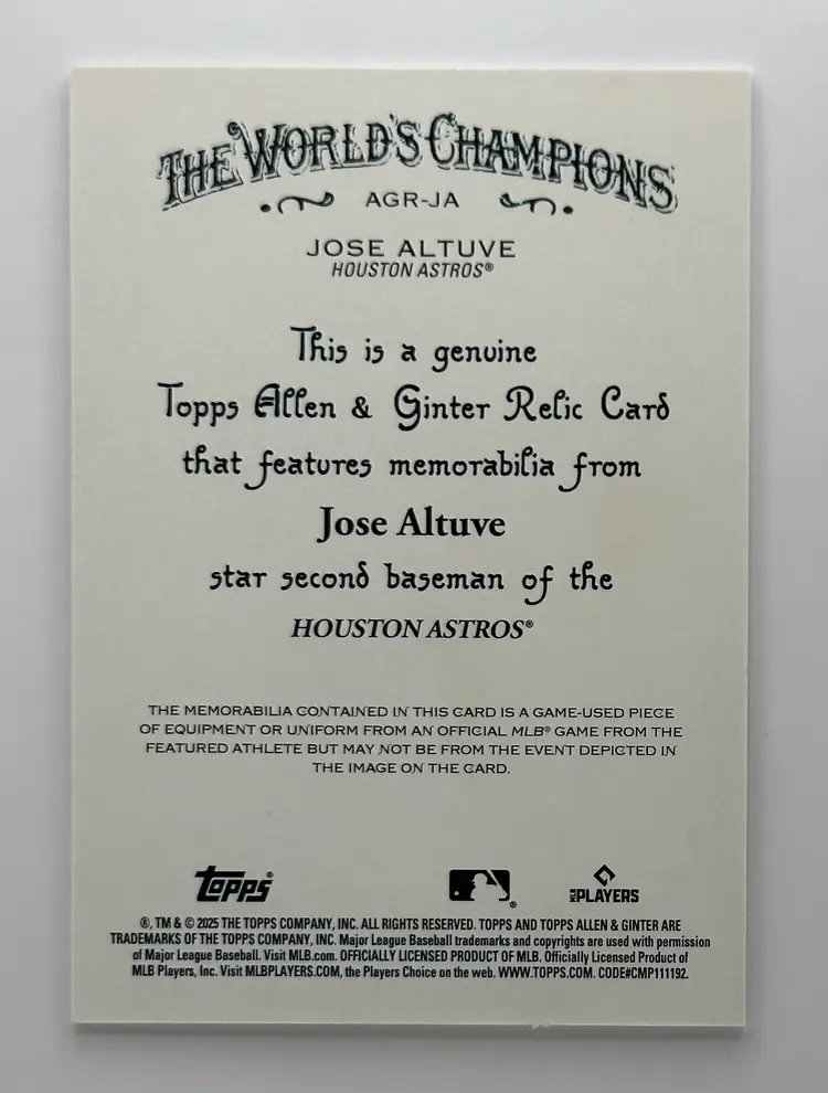 Jose Altuve 2025 Topps Allen & Ginter Game-Used Memorabilia