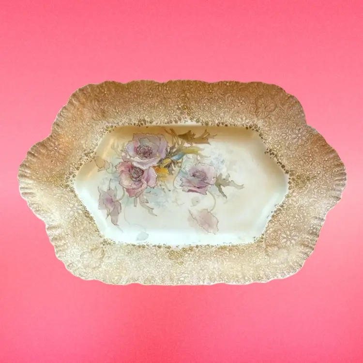 Antique Doulton Burslem England Hand Painted & Signed Pink & Gold Floral Plate circa 1888, 12”x 8”