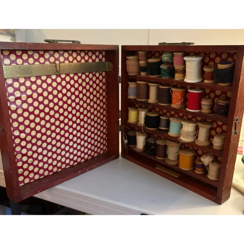 Antique Case Full Of Wooden Spools Of Thread