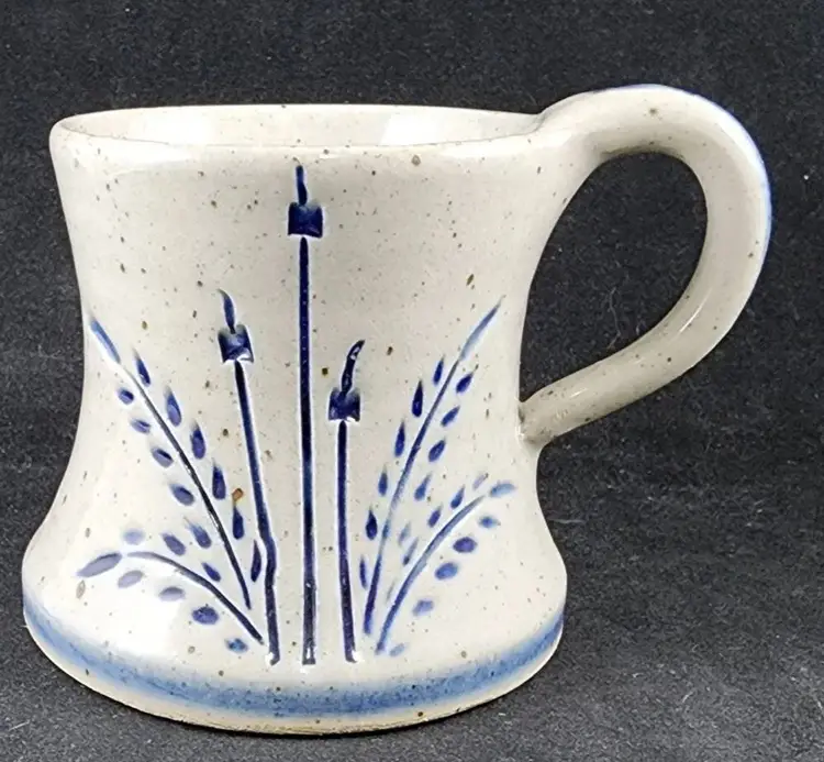 Studio Art Pottery Stoneware Speckled Mug - Blue Cattails Reeds Wheat - Signed