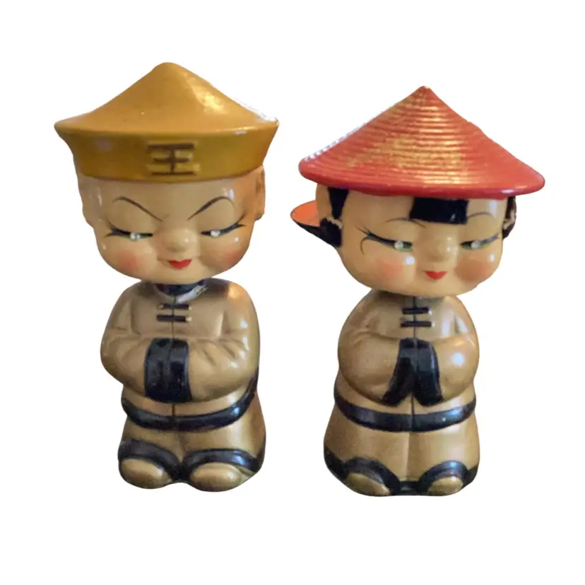 Vintage 1940/50s Traditional Asian Inspired Male And Female Bobblehead Figurines